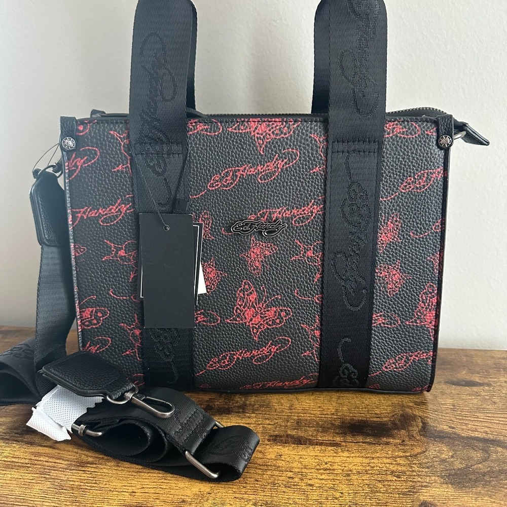 New Ed Hardy Black Square Tote Crossbody Handbag Tattoo Red Butterfly Skull